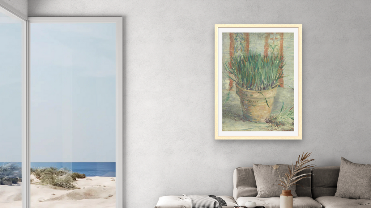 Flowerpot with Garlic Chives by Vincent van Gogh, shown at 28 × 42 in (71.1 × 106.7 cm) in Arber Natural, living