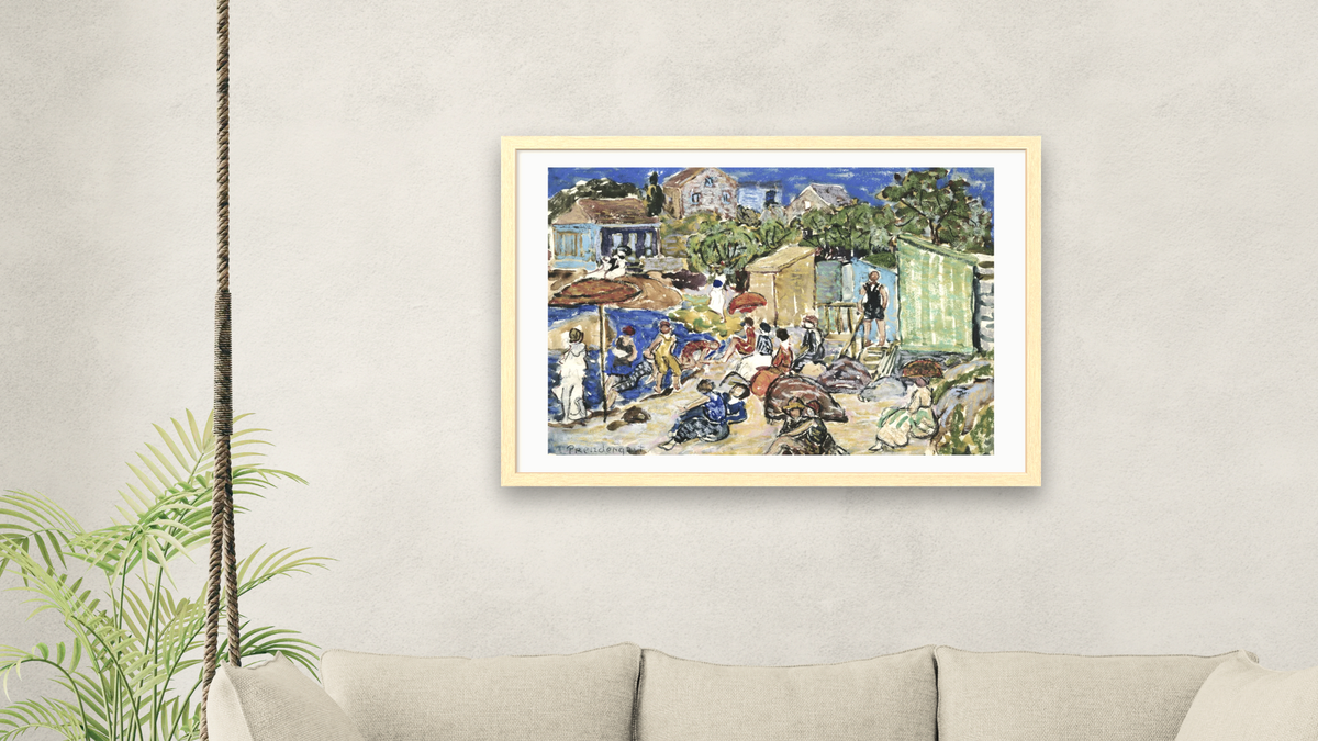 Painting of a Beach Scene by Maurice Brazil Prendergast, shown at 28 × 42 in (71.1 × 106.7 cm) in Arber Natural, living