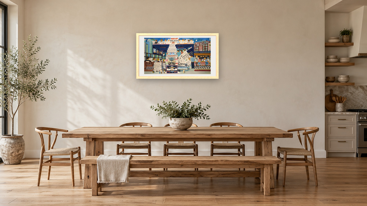 Ron's Rollin by Ralph Fasanella, shown at 20 × 40 in (50.8 × 101.6 cm) in Arber Natural, kitchen