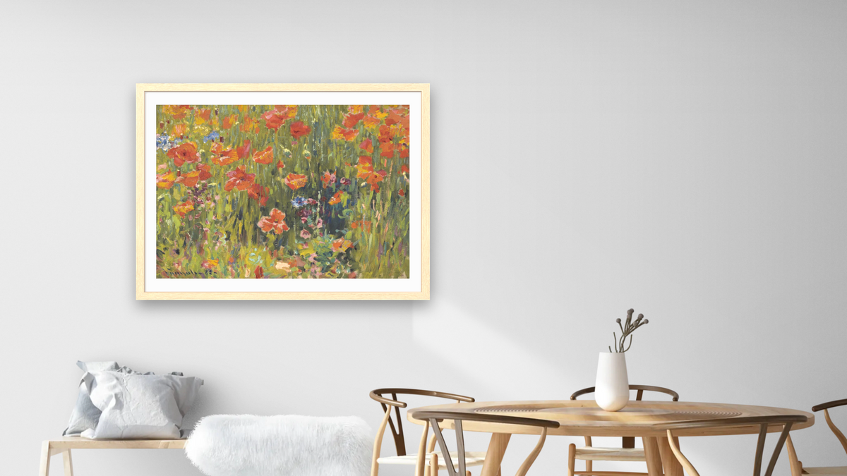 Poppies by Robert William Vonnoh, shown at 30 × 40 in (76.2 × 101.6 cm) in Arber Natural, dining