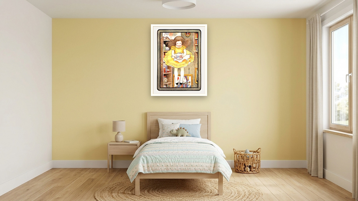 Alice in Wonderland: Alice Falls down the Rabbit Hole by Maria L. Kirk, shown at 30 × 40 in (76.2 × 101.6 cm) in Arber Natural, kids' room