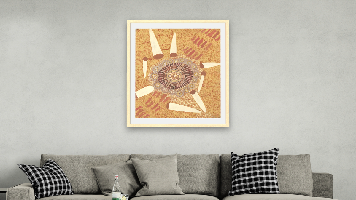 Big Pintupi Dreaming Ceremony by Anatjari Tjakamarra, shown at 32 × 40 in (81.3 × 101.6 cm) in Arber Natural, living