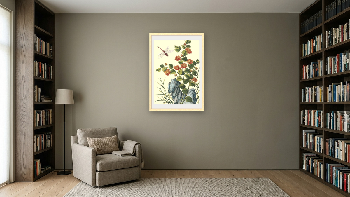 Orange Dahlia with dragonfly by Pierre Joseph Buchoz, shown at 28 × 42 in (71.1 × 106.7 cm) in Arber Natural, library