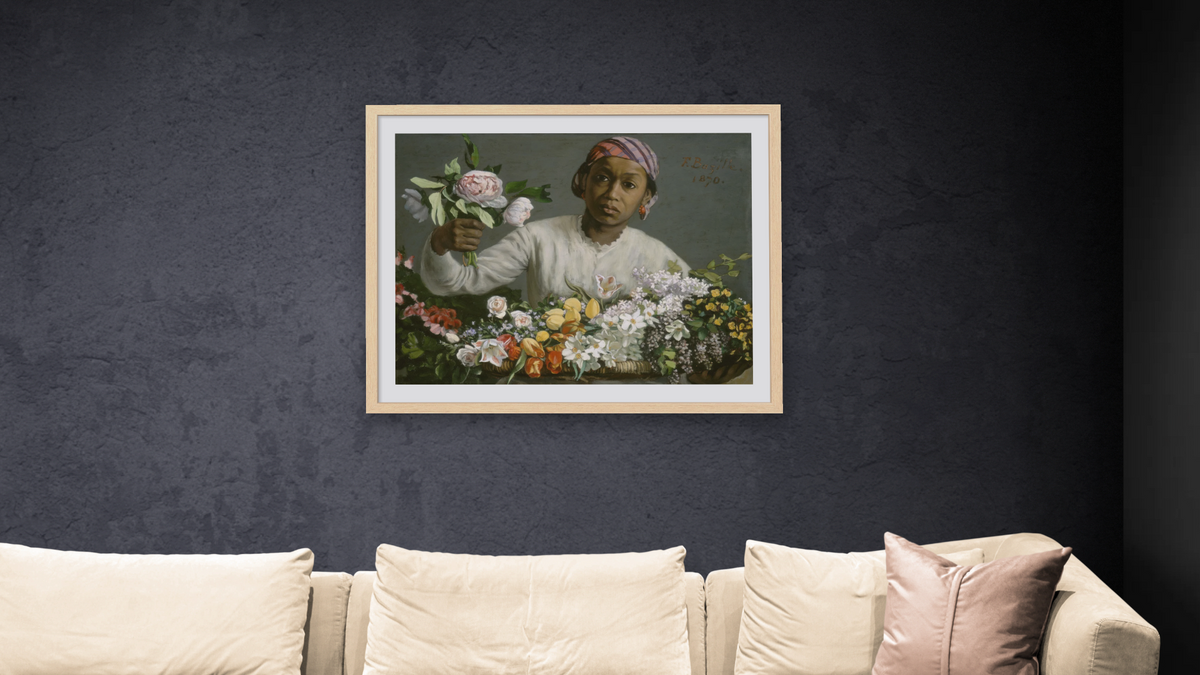 Young Woman with Peonies by Frederic Bazille, shown at 32 × 40 in (81.3 × 101.6 cm) in Arber Natural, living