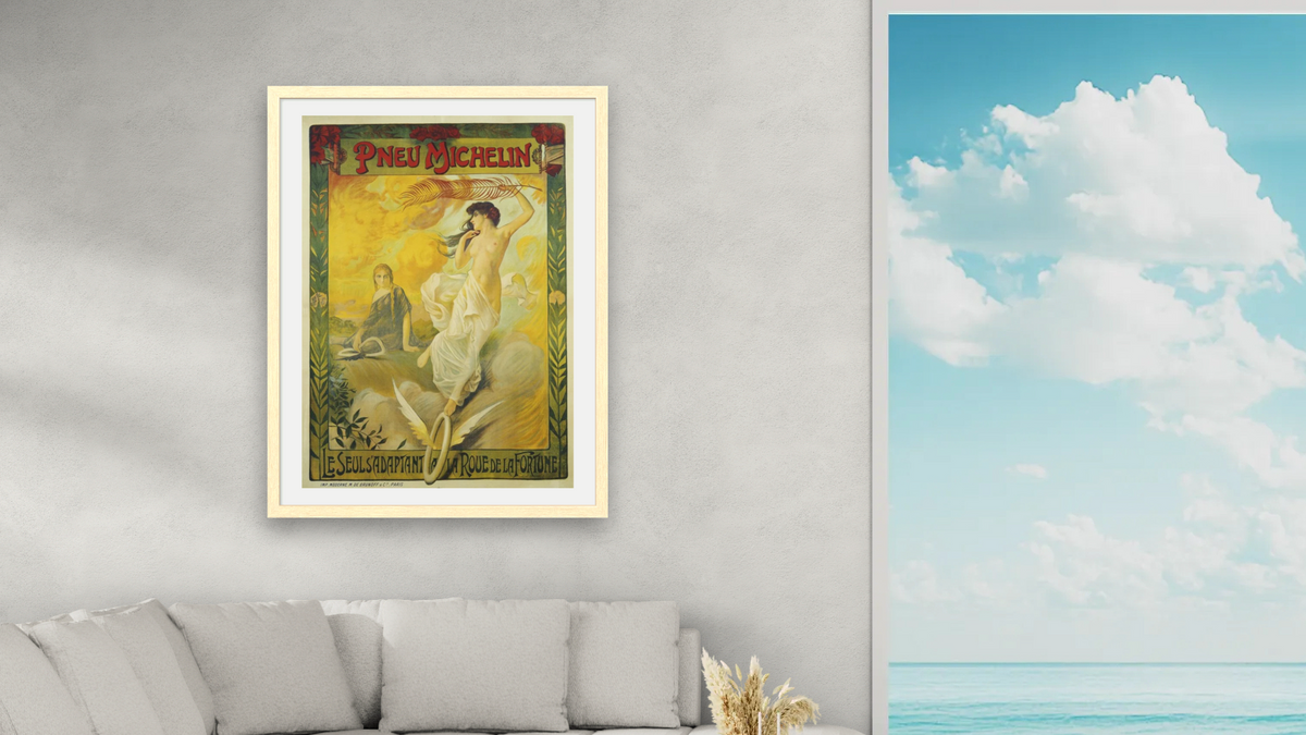Pneu Michelin Advertisement Poster, shown at 30 × 40 in (76.2 × 101.6 cm) in Arber Natural, living