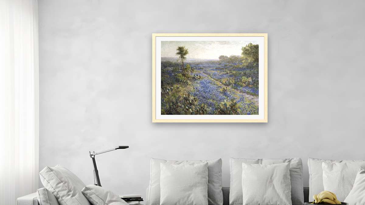 Field of Texas Bluebonnets and Prickly Pear Cacti by Julian Onderdonk, shown at 32 × 40 in (81.3 × 101.6 cm) in Arber Natural, living