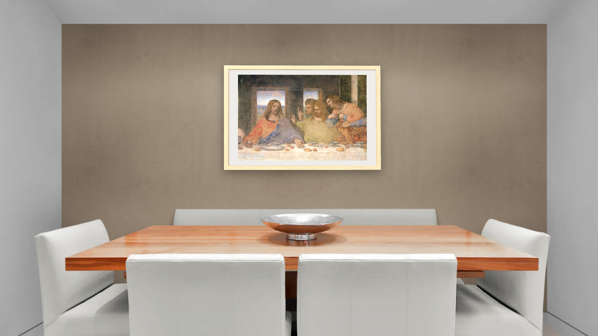 The Last Supper by Leonardo da Vinci, shown at 28 × 42 in (71.1 × 106.7 cm) in Arber Natural, dining