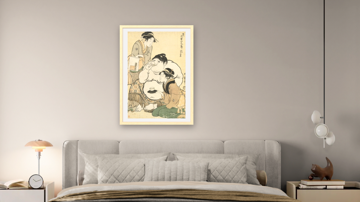 Daidozan Bungoro, the infant prodigy drinking sake and being offered tea by the famous beauty and teahouse waitress Okita of the Naniwaya and biscuits by her rival Ohisa of the Takashimaya by Kitagawa Utamaro, shown at 28 × 42 in (71.1 × 106.7 cm) in Arber Natural, bedroom