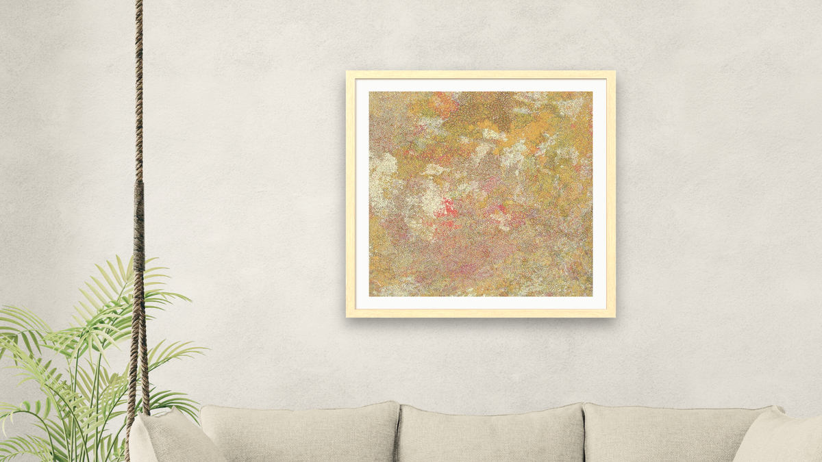 Bush Plum Country by Polly Ngale, shown at 32 × 32 in (81.3 × 81.3 cm) in Arber Natural, living