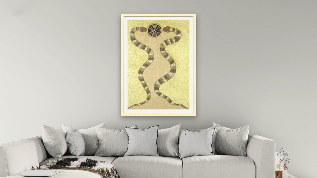 Snake Dreaming by Turkey Tolson Tjupurrula, shown at 28 × 42 in (71.1 × 106.7 cm) in Arber Natural, living