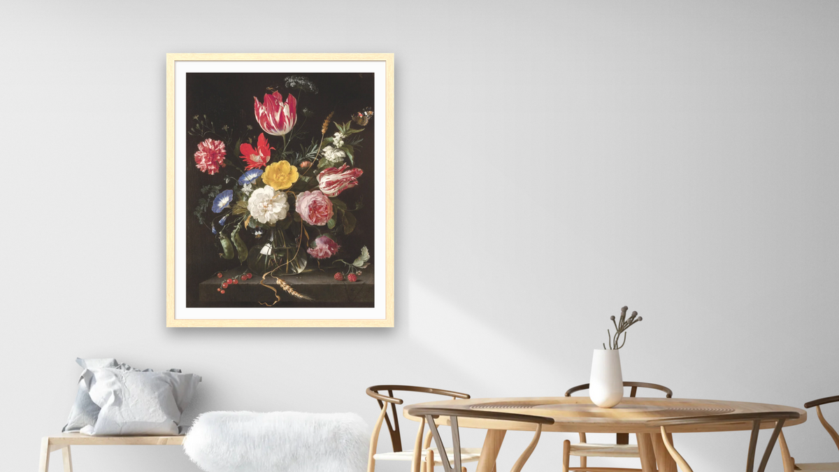 Glass Vase with Flowers on Stone Ledge, 1655-60 by Jan Davidsz de Heem, shown at 30 × 40 in (76.2 × 101.6 cm) in Arber Natural, dining