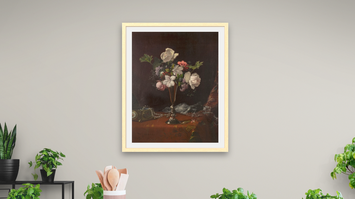 Mixed Flowers with a Box and Pearls by Martin Johnson Heade, shown at 32 × 40 in (81.3 × 101.6 cm) in Arber Natural, dining