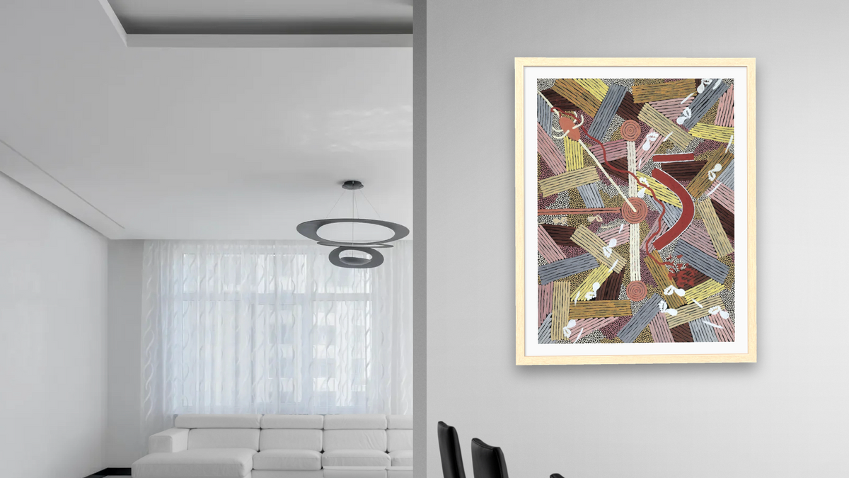 Man's Love Story by Clifford Possum Tjapaltjarri, shown at 30 × 40 in (76.2 × 101.6 cm) in Arber Natural, dining