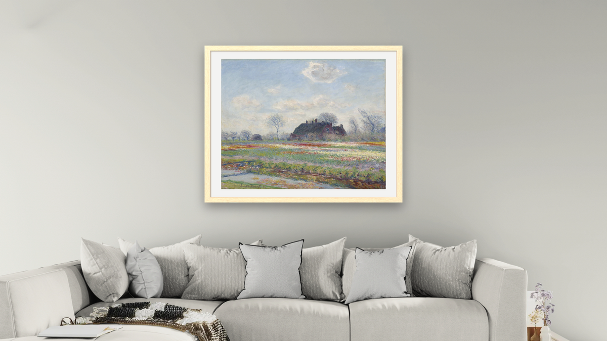 Tulip Fields at Sassenheim, 1886 by Claude Monet, shown at 32 × 40 in (81.3 × 101.6 cm) in Arber Natural, living
