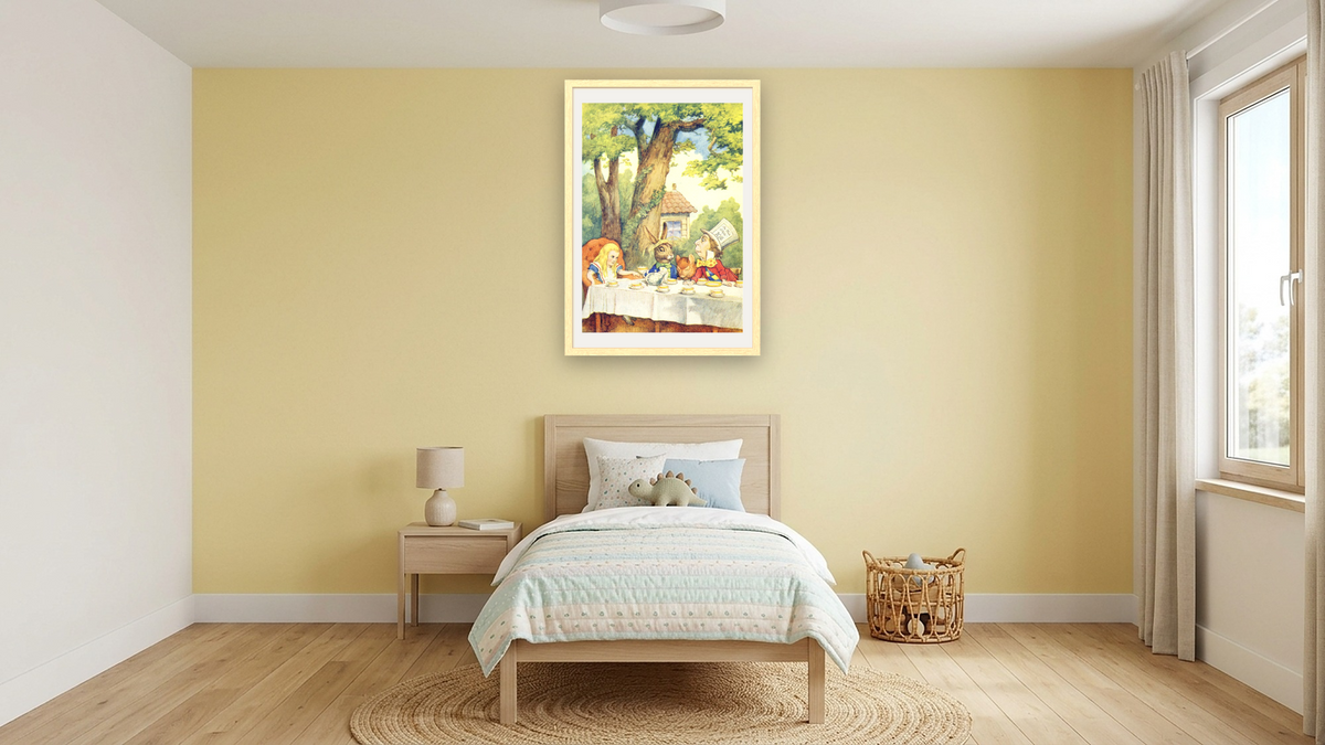 The Mad Hatter's Tea Party, illustration from 'Alice in Wonderland' by Lewis Carroll by John Tenniel, shown at 28 × 42 in (71.1 × 106.7 cm) in Arber Natural, kids' room