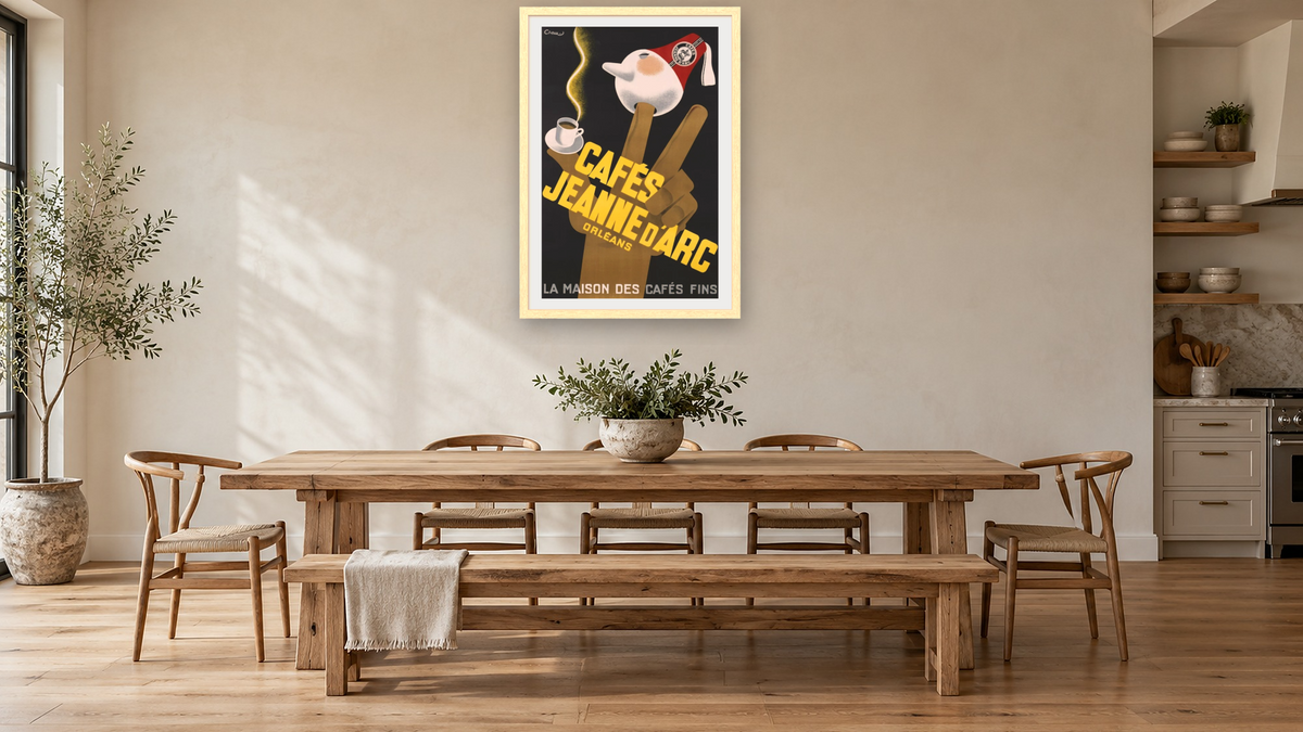 Cafes Jeanne d'Arc Poster by Carl Chew, shown at 28 × 42 in (71.1 × 106.7 cm) in Arber Natural, kitchen