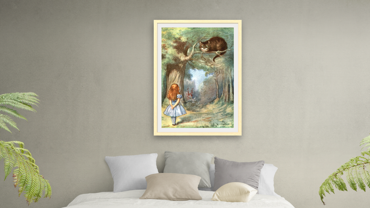 Alice in Wonderland: The Cheshire Cat by John Tenniel, shown at 28 × 42 in (71.1 × 106.7 cm) in Arber Natural, bedroom
