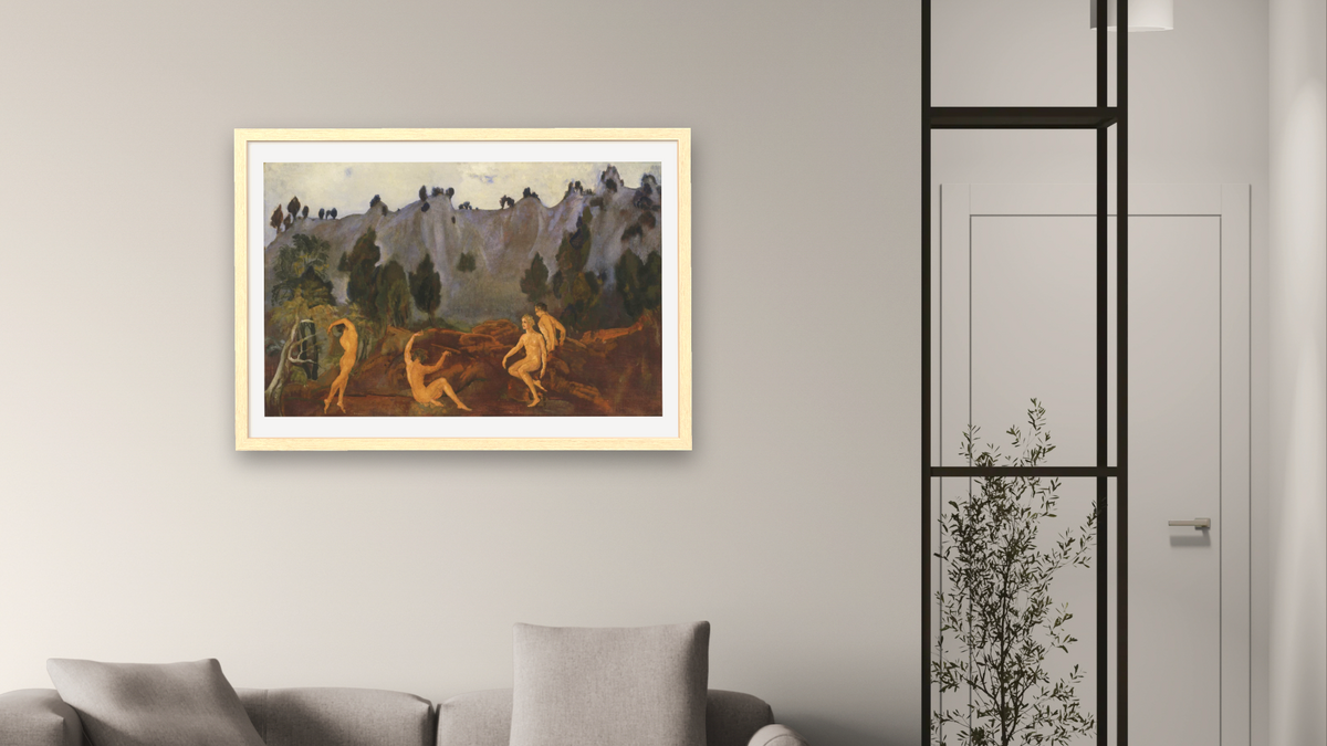 The Hesitation of Orestes by Arthur Bowen Davies, shown at 28 × 42 in (71.1 × 106.7 cm) in Arber Natural, living