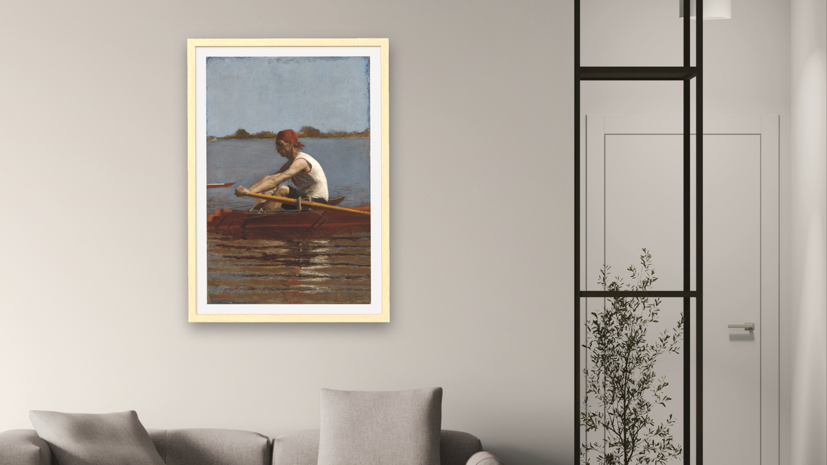 John Biglin in a Single Scull by Thomas Eakins, shown at 28 × 42 in (71.1 × 106.7 cm) in Arber Natural, living