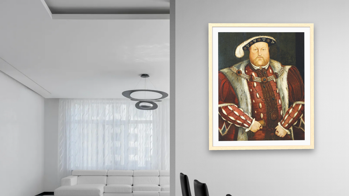 Portrait of King Henry VIII by Hans Holbein the Younger, shown at 32 × 40 in (81.3 × 101.6 cm) in Arber Natural, dining