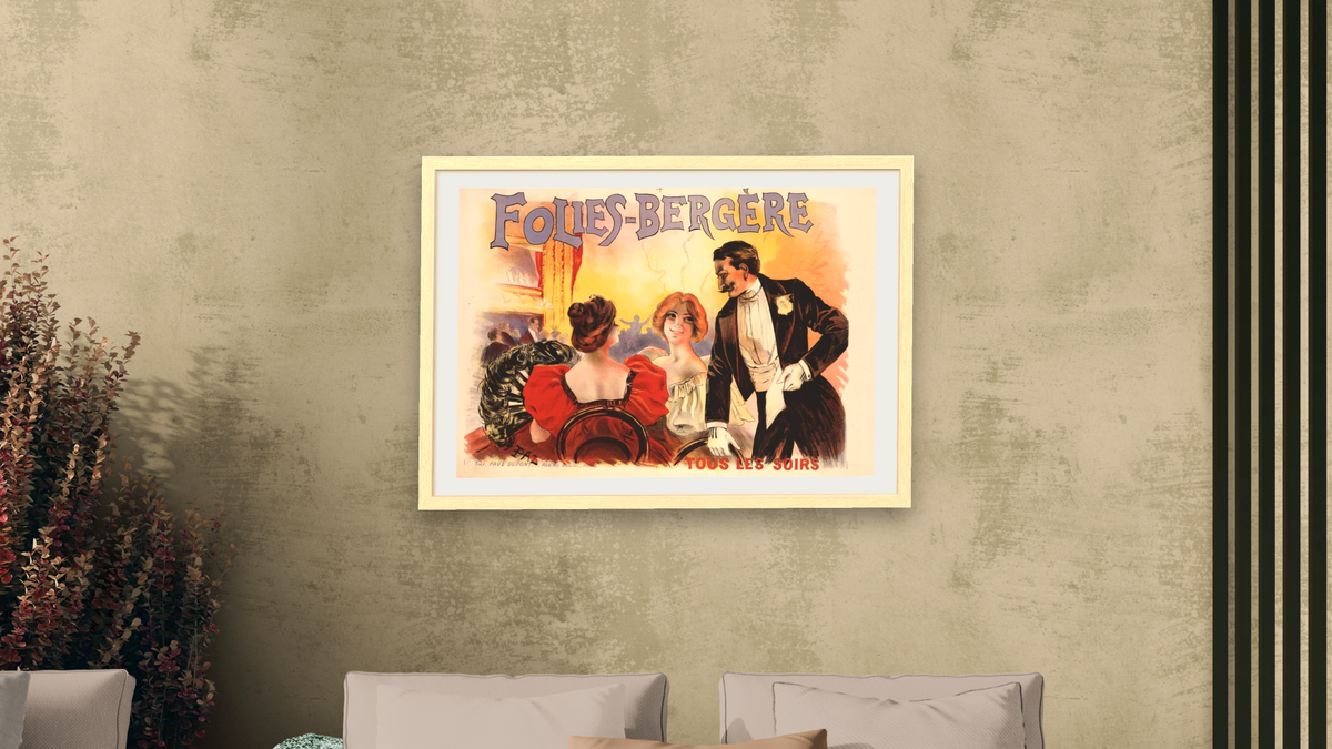 Folies-Bergere Poster by Pal, shown at 28 × 42 in (71.1 × 106.7 cm) in Arber Natural, living