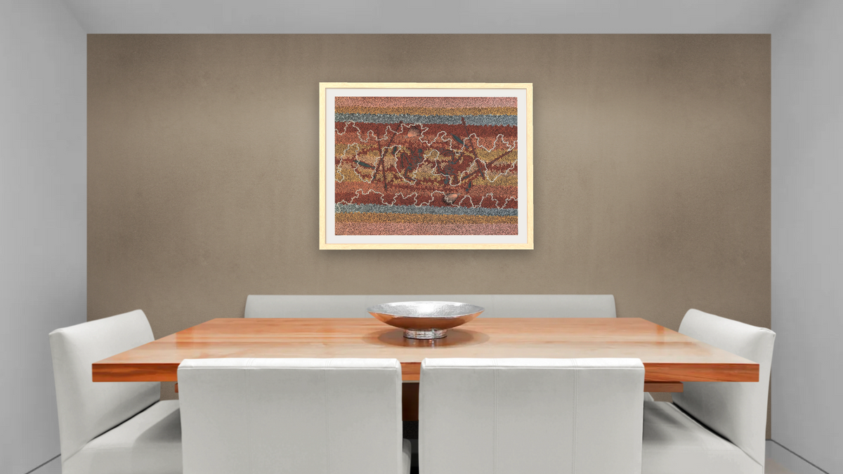 Bush fire dreaming by Clifford Possum Tjapaltjarri, shown at 32 × 40 in (81.3 × 101.6 cm) in Arber Natural, dining