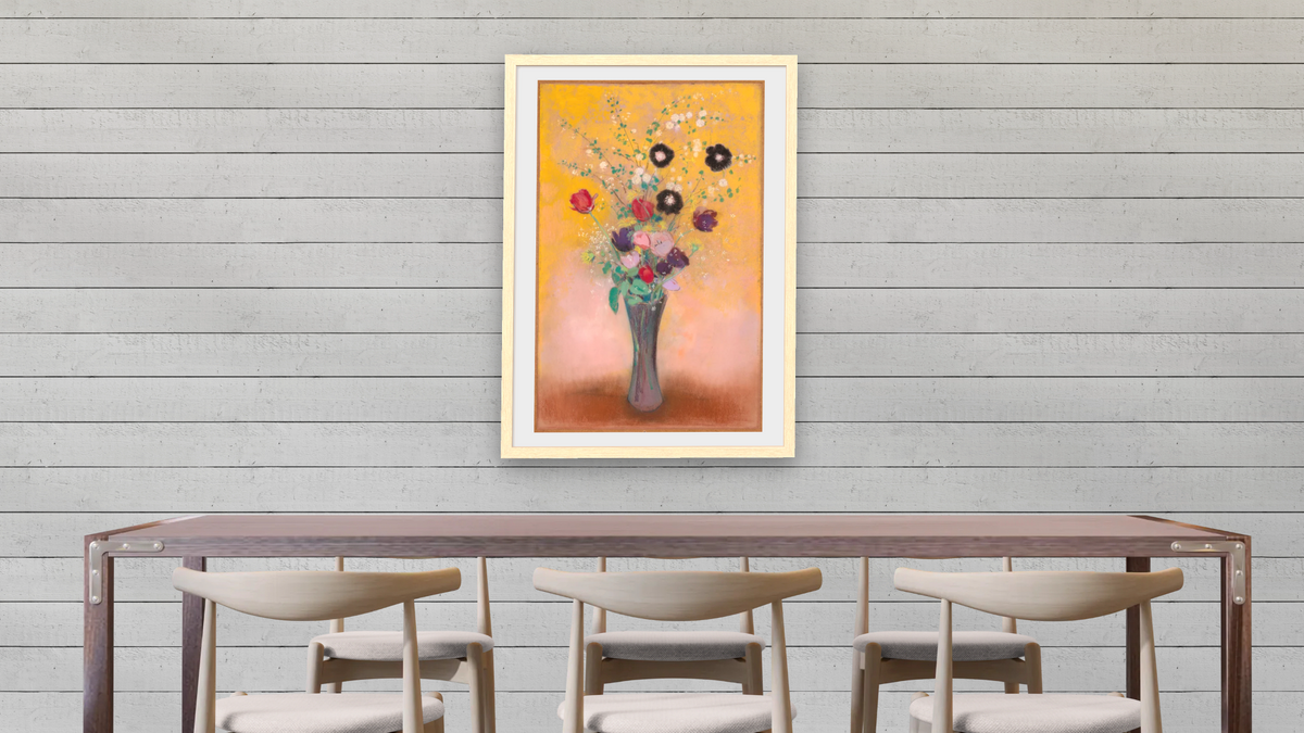 Vase of Flowers by Odilon Redon, shown at 28 × 42 in (71.1 × 106.7 cm) in Arber Natural, dining