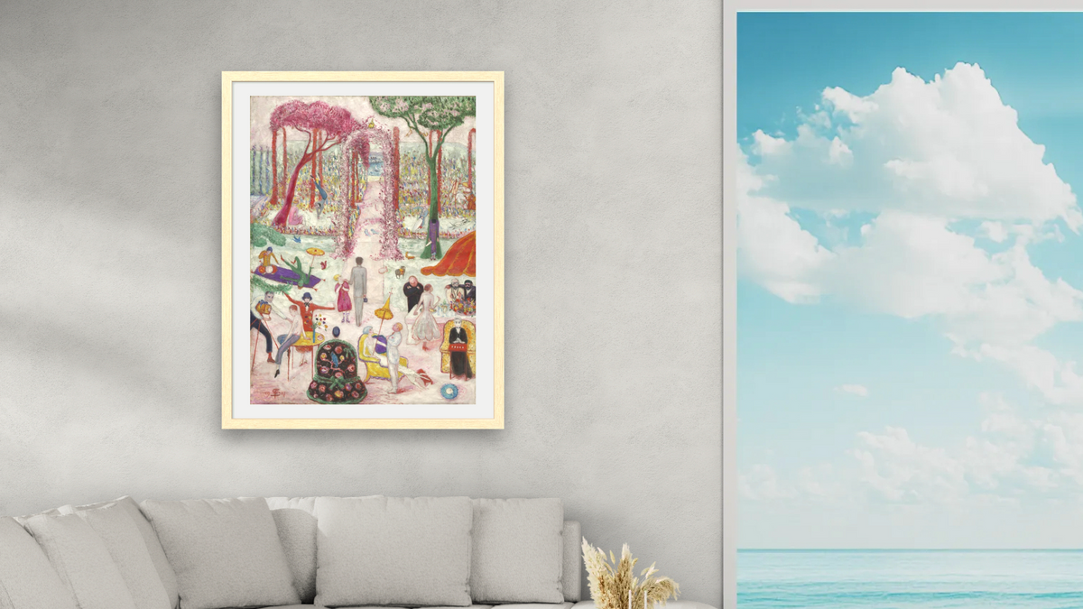 Sunday Afternoon in the Country by Florine Stettheimer, shown at 30 × 40 in (76.2 × 101.6 cm) in Arber Natural, living