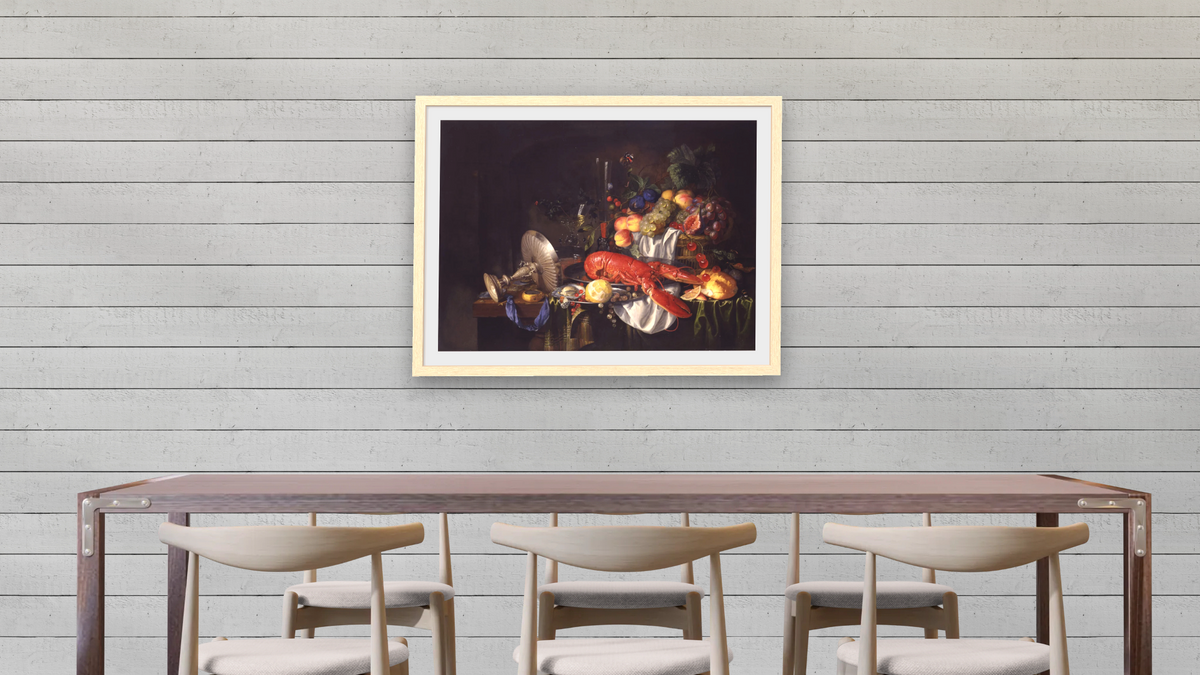 Still Life with a Lobster by Jan Davidsz de Heem, shown at 30 × 40 in (76.2 × 101.6 cm) in Arber Natural, dining