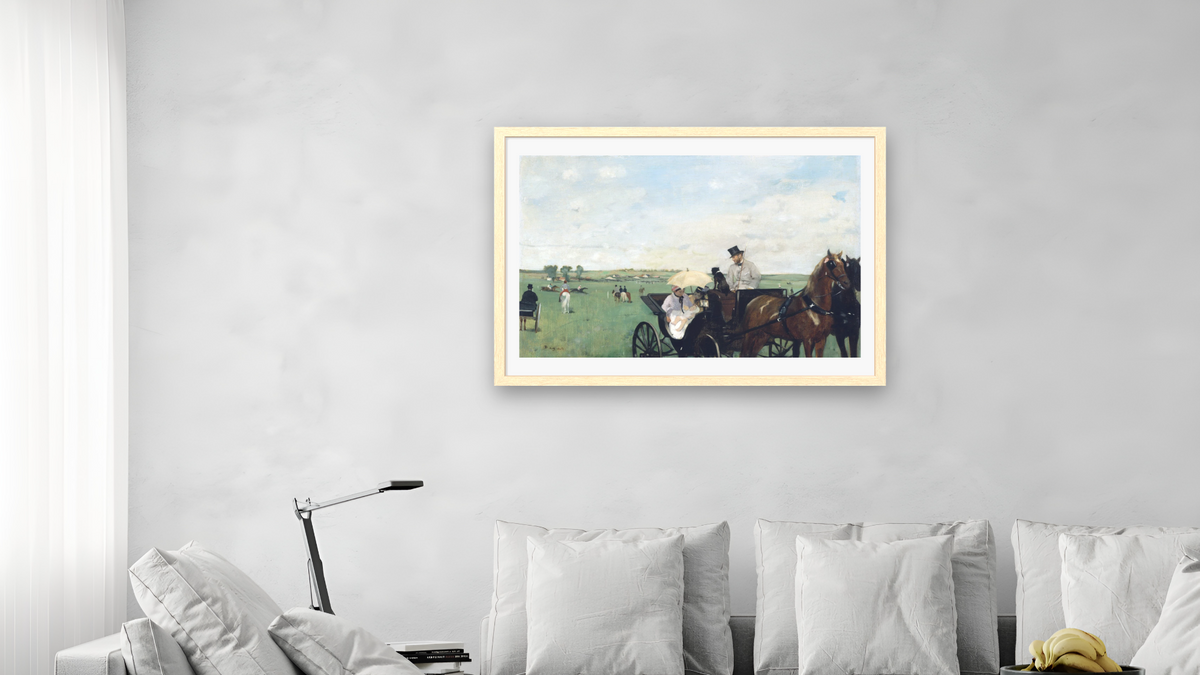 At the Races in the Countryside by Edgar Degas, shown at 28 × 42 in (71.1 × 106.7 cm) in Arber Natural, living