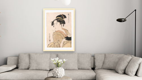 A bust portrait of the waitress Okita of the Naniwaya Teahouse by Kitagawa Utamaro, shown at 28 × 42 in (71.1 × 106.7 cm) in Arber Natural, living [arteriel-render:v6:room_a:28x42@42,37]