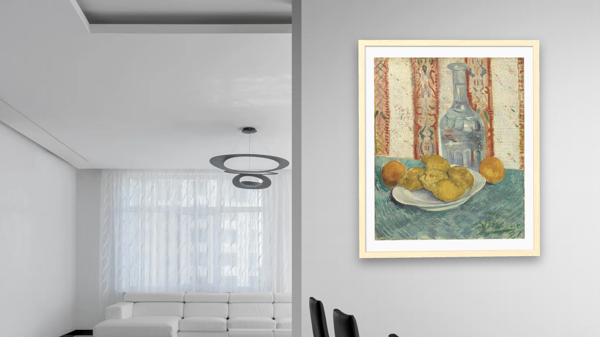 Carafe and Dish with Citrus Fruit by Vincent van Gogh, shown at 32 × 40 in (81.3 × 101.6 cm) in Arber Natural, dining