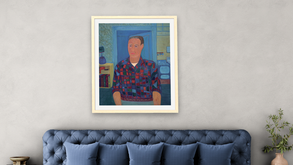 Self Portrait, Grove Street by Ralph Fasanella, shown at 32 × 40 in (81.3 × 101.6 cm) in Arber Natural, bedroom