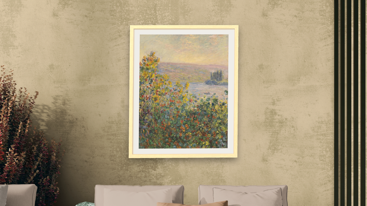 Flower Beds at Vétheuil by Claude Monet, shown at 32 × 40 in (81.3 × 101.6 cm) in Arber Natural, living