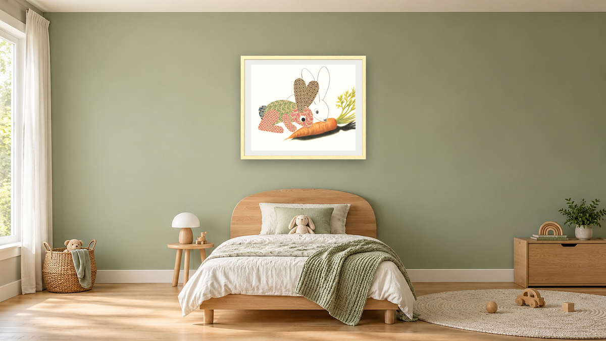 Let's Make Rabbits XIV by Leo Lionni, shown at 32 × 40 in (81.3 × 101.6 cm) in Arber Natural, kids' room