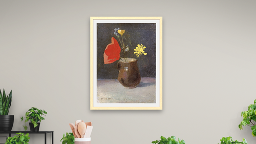 A Pitcher of Flowers by Odilon Redon, shown at 30 × 40 in (76.2 × 101.6 cm) in Arber Natural, dining [arteriel-render:v6:room_a:30x40@49,44]