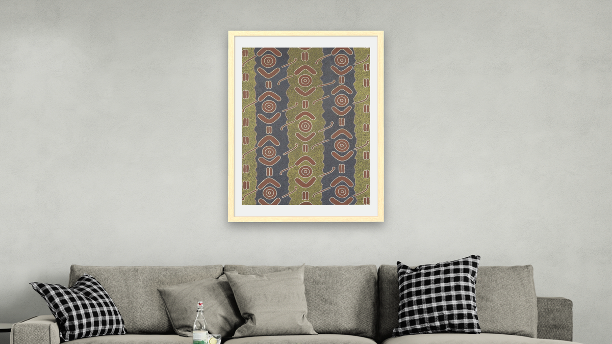 Men's Dreaming by Clifford Possum Tjapaltjarri, shown at 28 × 42 in (71.1 × 106.7 cm) in Arber Natural, living