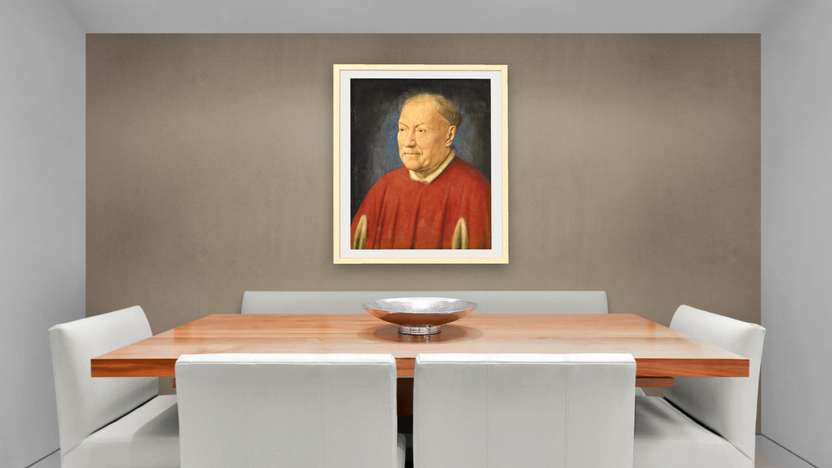 Cardinal Niccolò Albergati by Jan van Eyck, shown at 32 × 40 in (81.3 × 101.6 cm) in Arber Natural, dining
