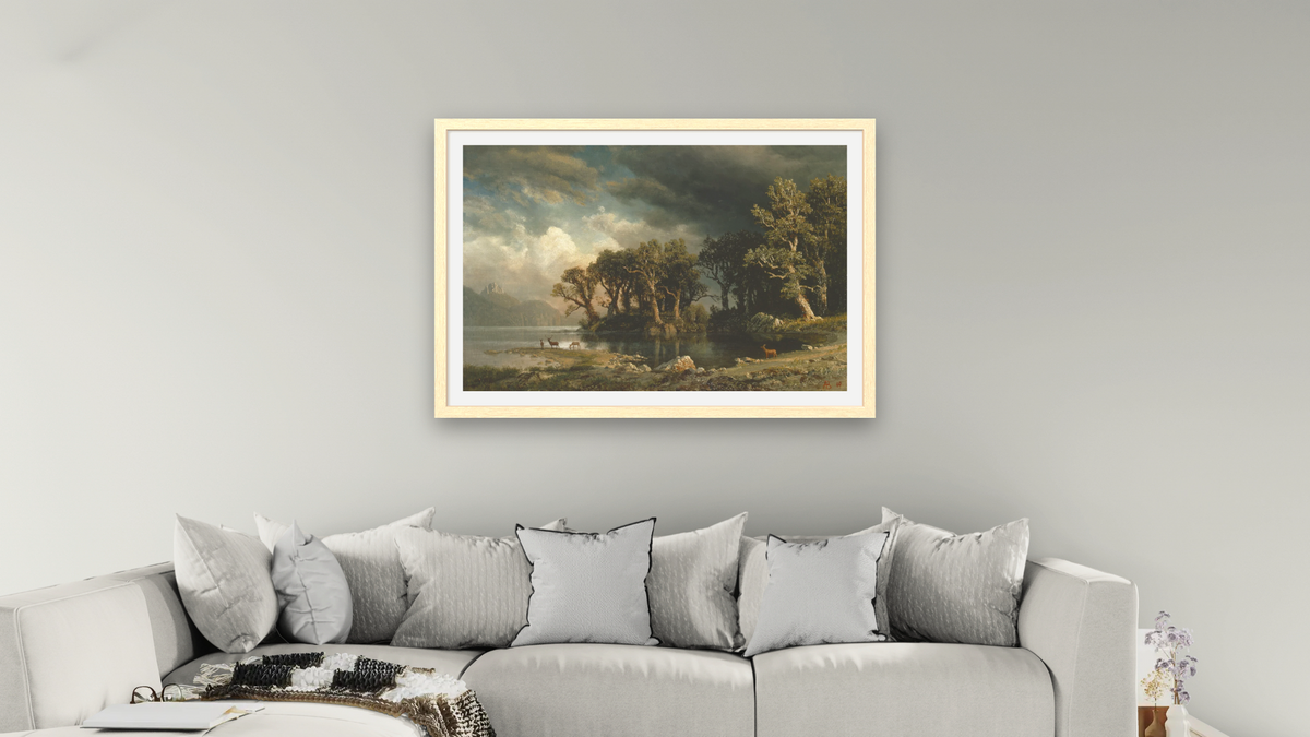The Coming Storm by Albert Bierstadt, shown at 28 × 42 in (71.1 × 106.7 cm) in Arber Natural, living
