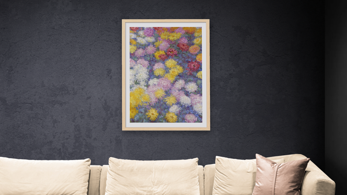 Chrysanthemums by Claude Monet, shown at 28 × 42 in (71.1 × 106.7 cm) in Arber Natural, living