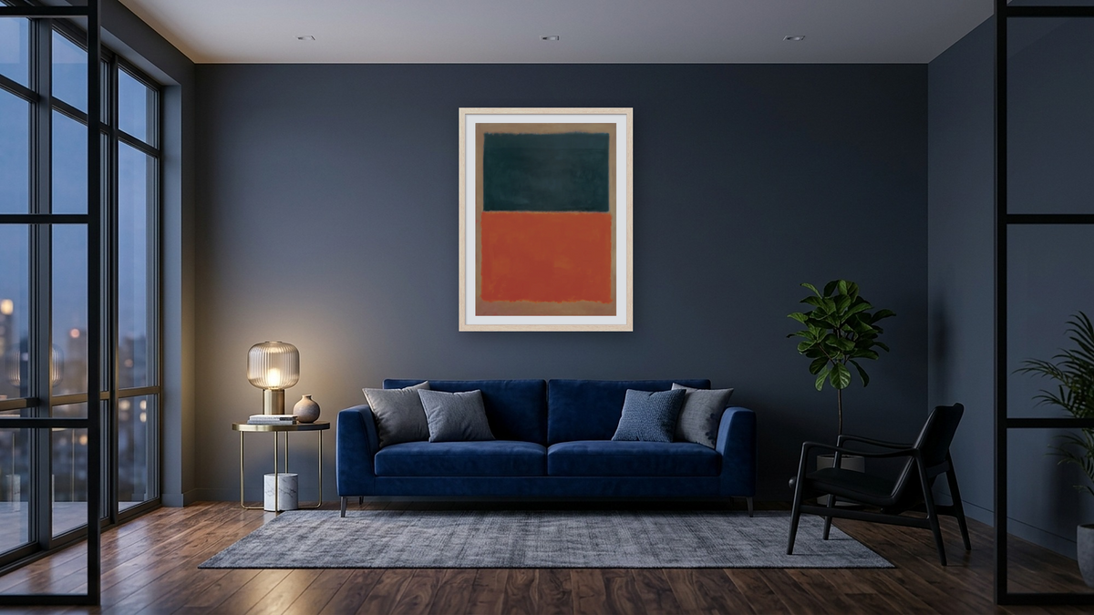 Green and Tangerine on Red by Mark Rothko, shown at 30 × 40 in (76.2 × 101.6 cm) in Arber Natural, den