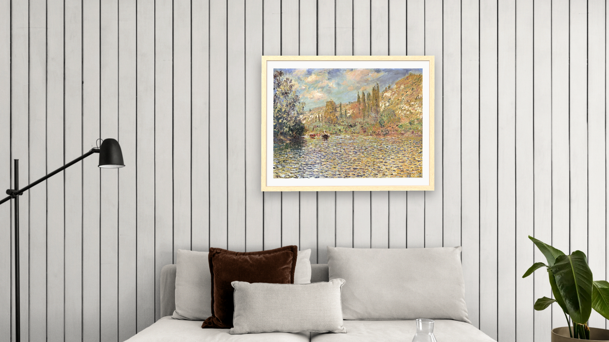 The Seine at Vetheuil by Claude Monet, shown at 30 × 40 in (76.2 × 101.6 cm) in Arber Natural, living
