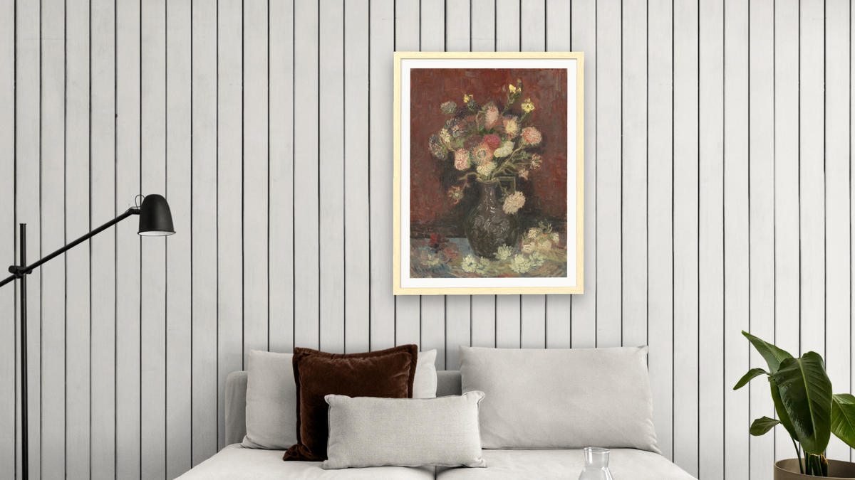 Vase with Autumn Asters by Vincent van Gogh, shown at 30 × 40 in (76.2 × 101.6 cm) in Arber Natural, living
