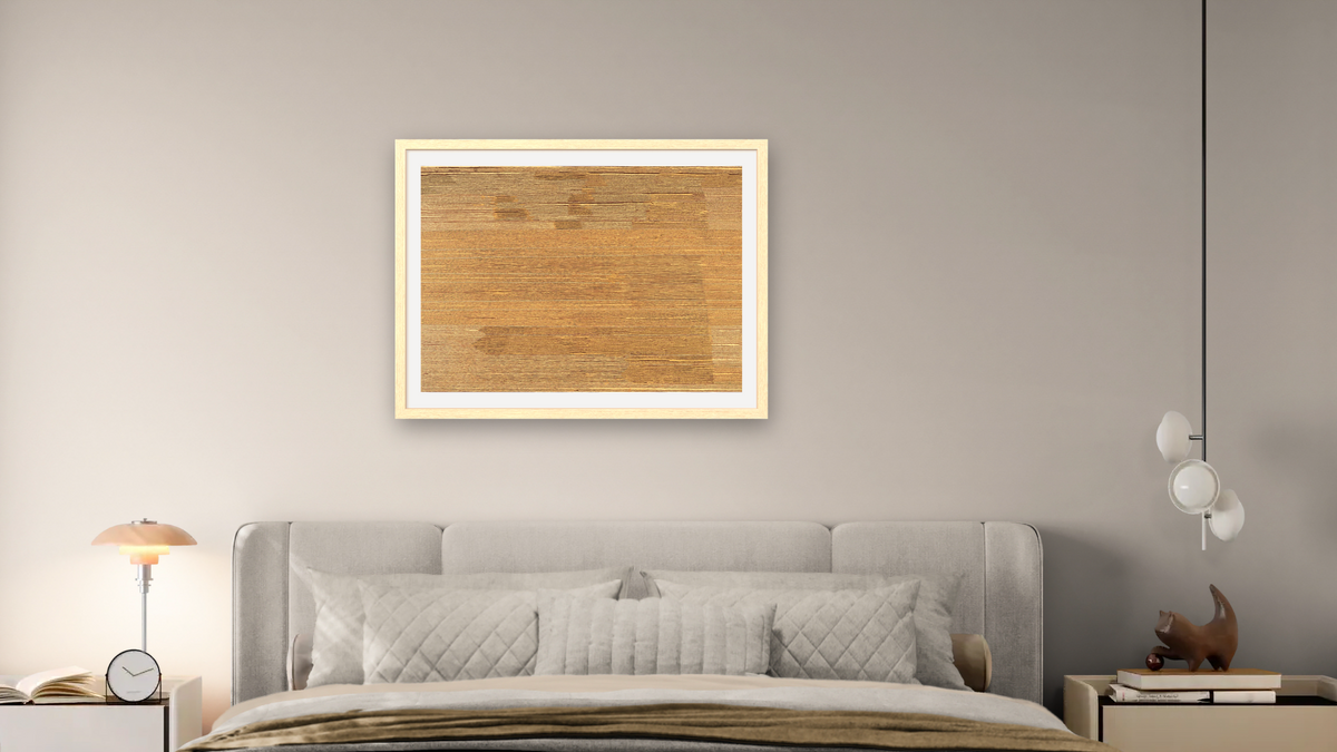 Straightening spears at Ilyingaungau by Turkey Tolson Tjupurrula, shown at 30 × 40 in (76.2 × 101.6 cm) in Arber Natural, bedroom