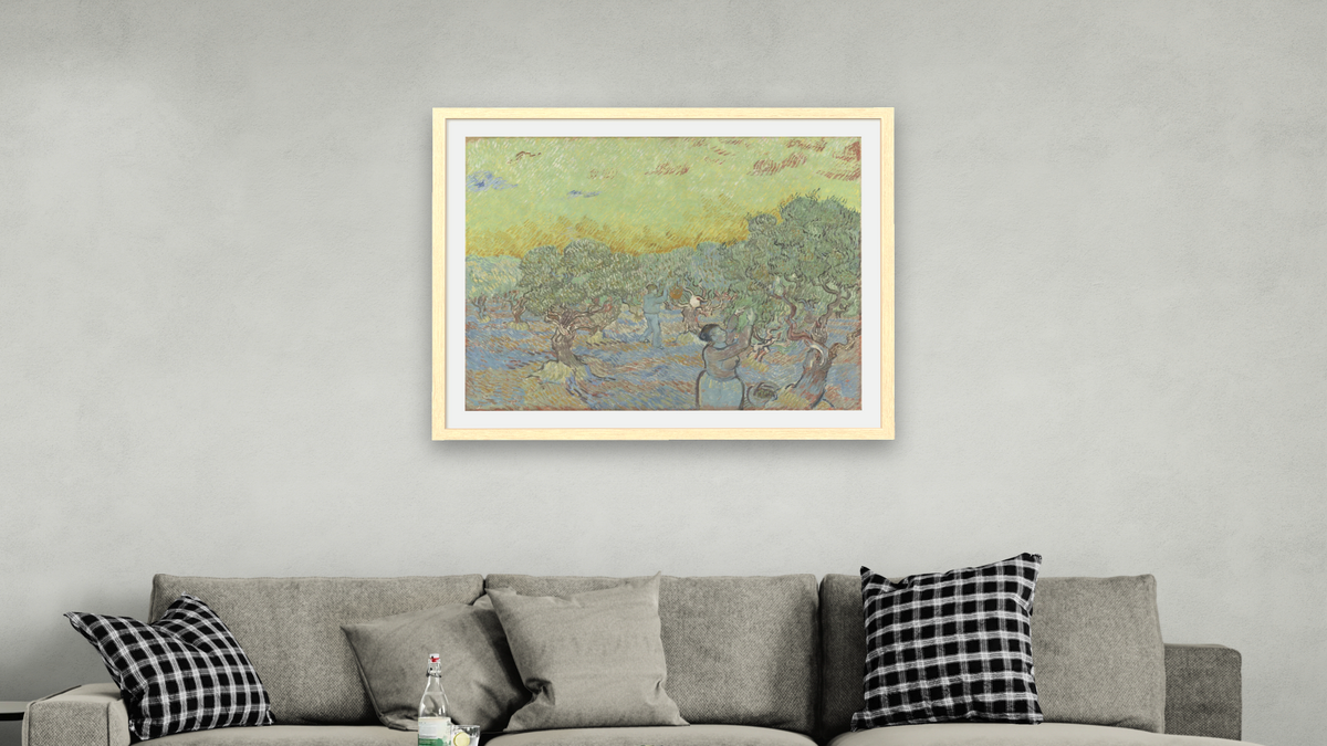Olive Grove with Two Olive Pickers by Vincent van Gogh, shown at 32 × 40 in (81.3 × 101.6 cm) in Arber Natural, living