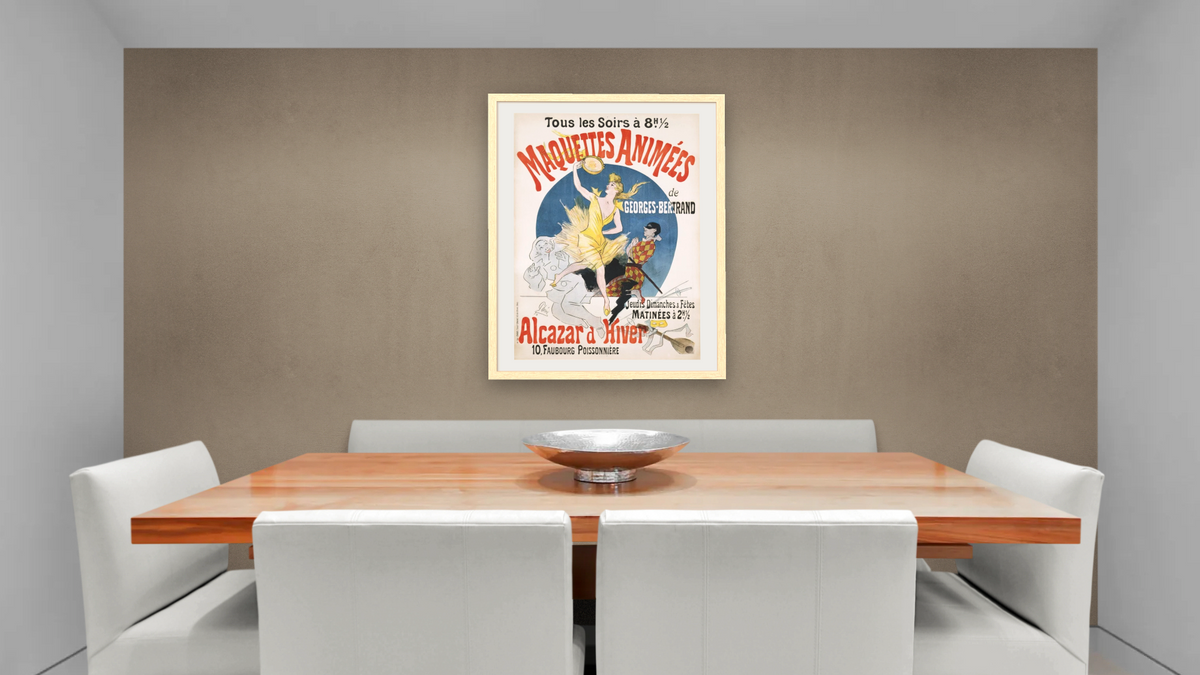 Maquettes Animees de Georges Bertrand Poster by Jules Chéret, shown at 30 × 40 in (76.2 × 101.6 cm) in Arber Natural, dining