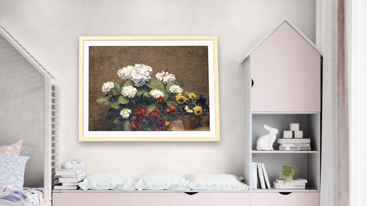 Hydrangeas, Wallflowers and Two Pots of Pansies by Henri Fantin-Latour, shown at 30 × 40 in (76.2 × 101.6 cm) in Arber Natural, bedroom