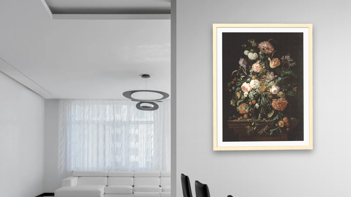 Still Life with Flowers in a Glass Bowl by Jan Davidsz de Heem, shown at 30 × 40 in (76.2 × 101.6 cm) in Arber Natural, dining