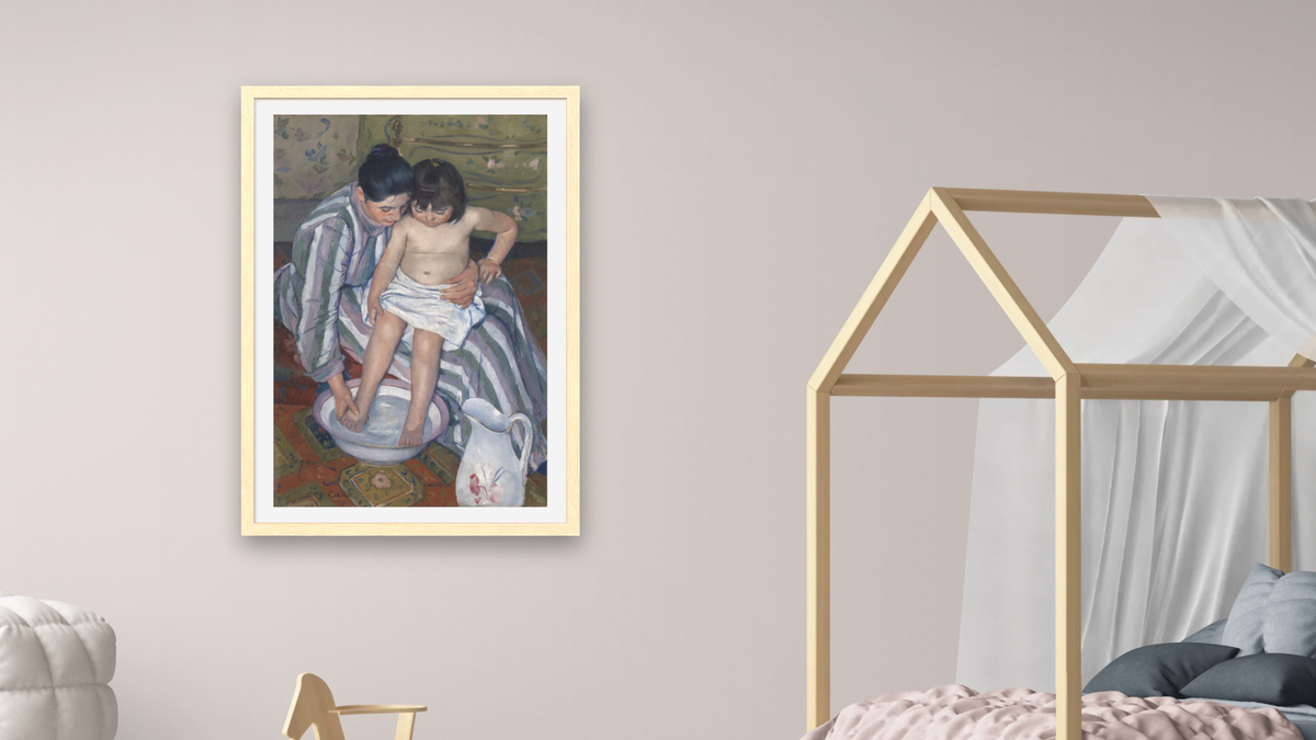 The Child's Bath by Mary Cassatt, shown at 28 × 42 in (71.1 × 106.7 cm) in Arber Natural, bedroom