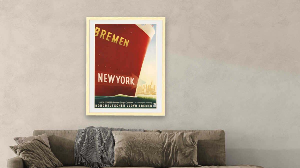 Bremen New York Travel Poster by Kuck, shown at 30 × 40 in (76.2 × 101.6 cm) in Arber Natural, living
